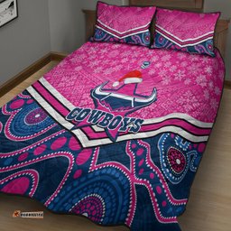 Cowboys Rugby Christmas Quilt Bed Set Merry Xmas Mix Aboriginal Art Pink Version