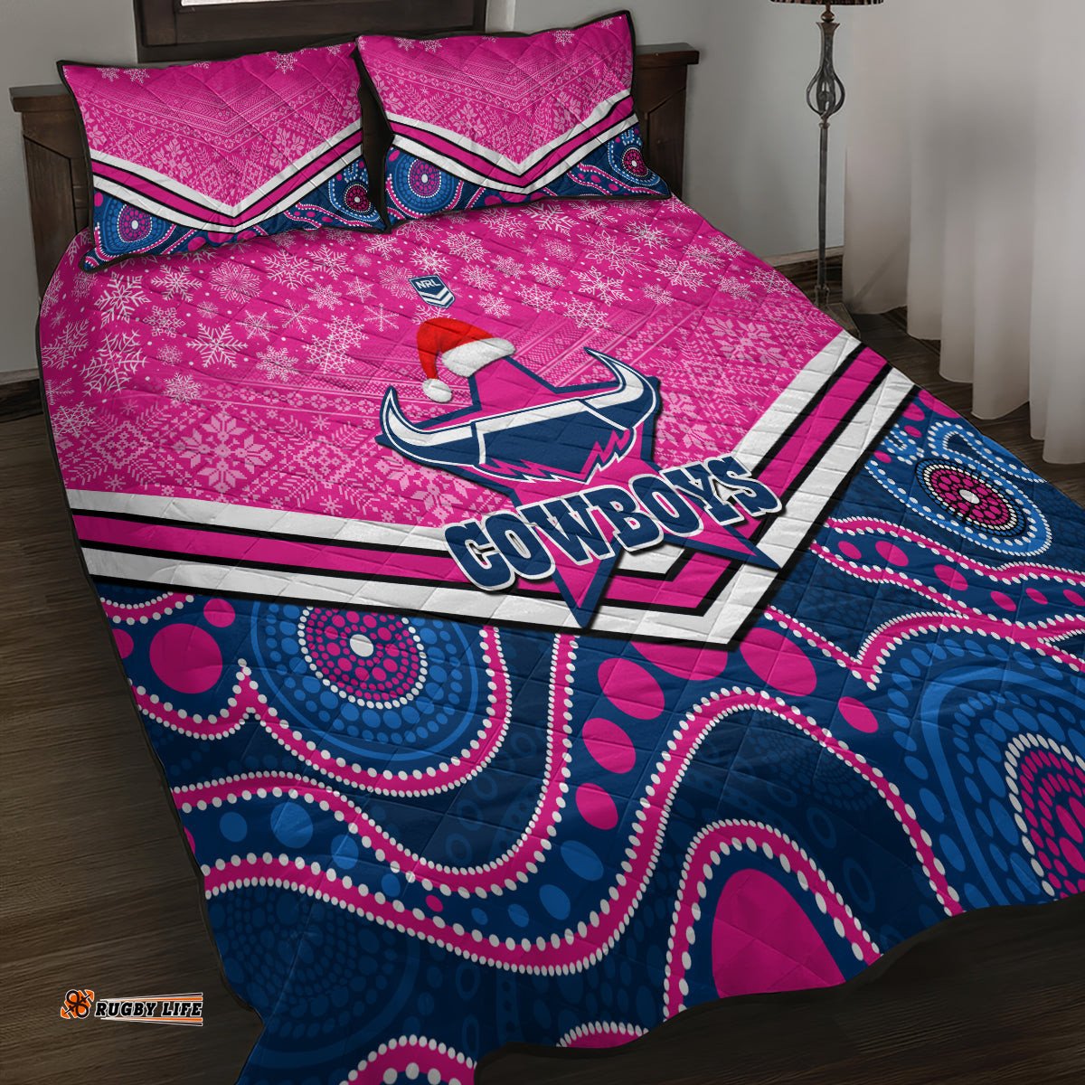 Cowboys Rugby Christmas Quilt Bed Set Merry Xmas Mix Aboriginal Art Pink Version