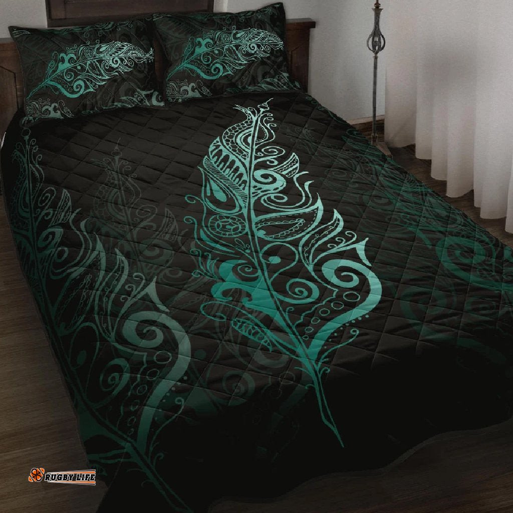 Light Silver Fern New Zealand Quilt Bed Set Turquoise
