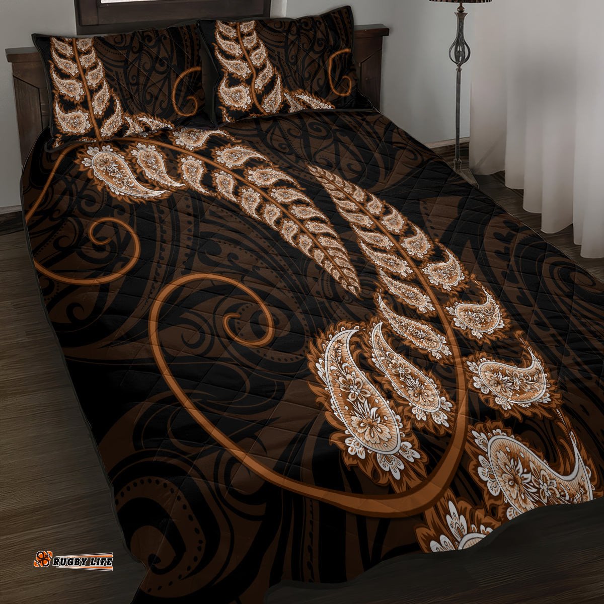Brown New Zealand Paisley Silver Fern Quilt Bed Set Aotearoa Maori