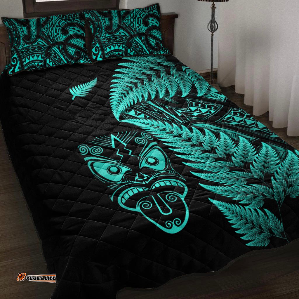 New Zealand Haka Rugby Maori Quilt Bed Set Silver Fern Vibes Turquoise