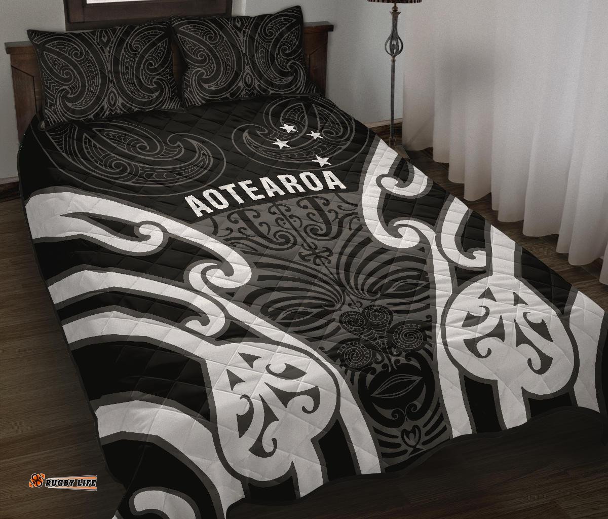 Aotearoa Quilt Bed Set Maori Moko Black White