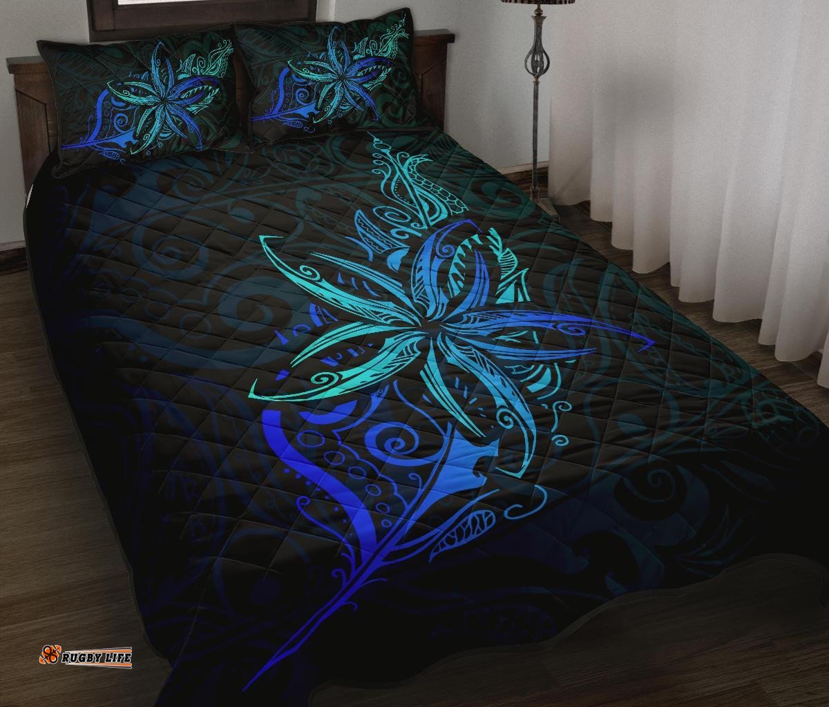 New Zealand Light Silver Fern X Frangipani Tattoo Quilt Bedding Sets Blue