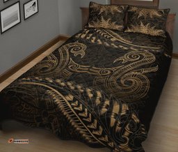 Aotearoa Quilt Bed Set Gold Maori Manaia With Silver Fern