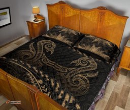Aotearoa Quilt Bed Set Gold Maori Manaia With Silver Fern