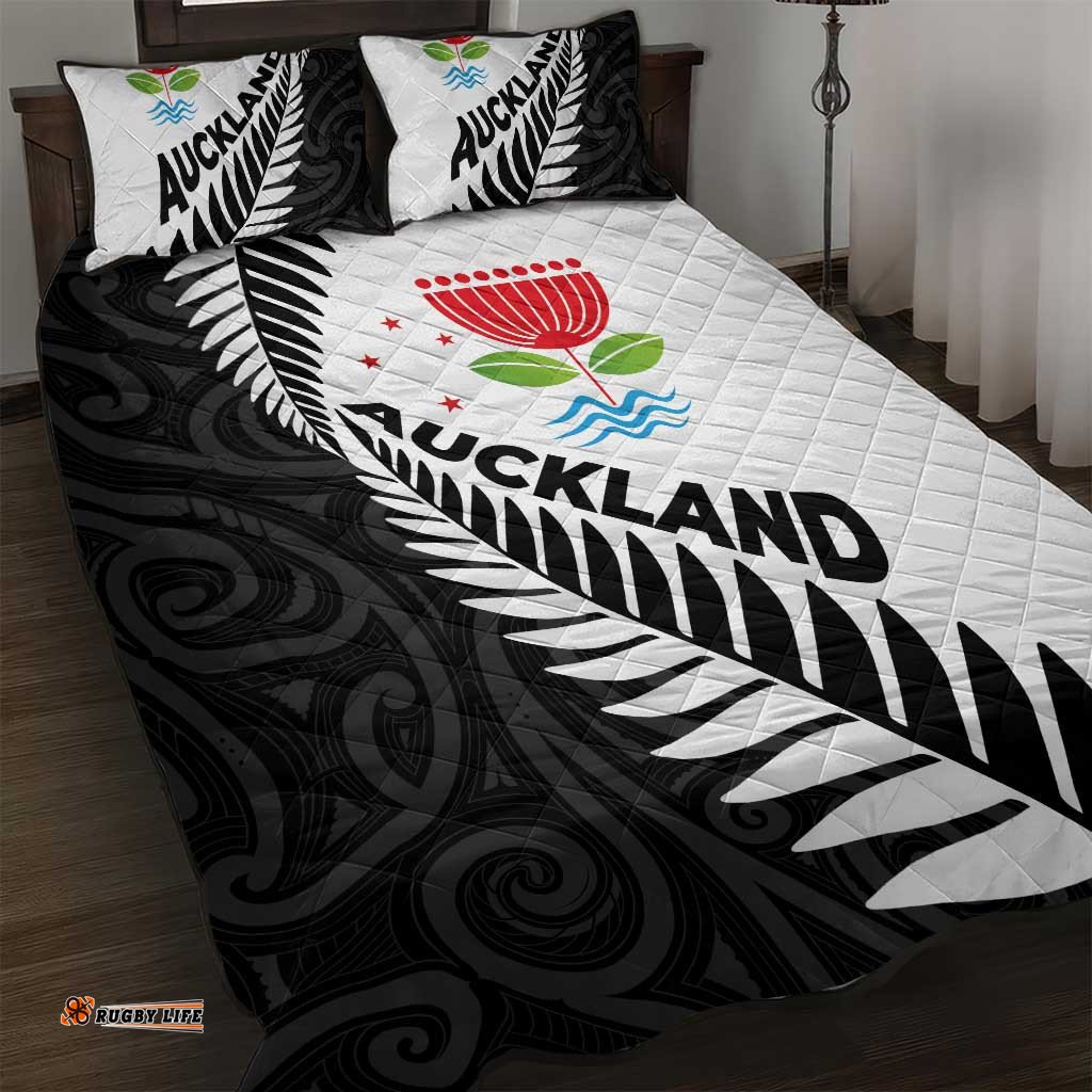 New Zealand Auckland Quilt Bed Set Auckland's Emblem and Silver Ferns Maori Art Tattoo