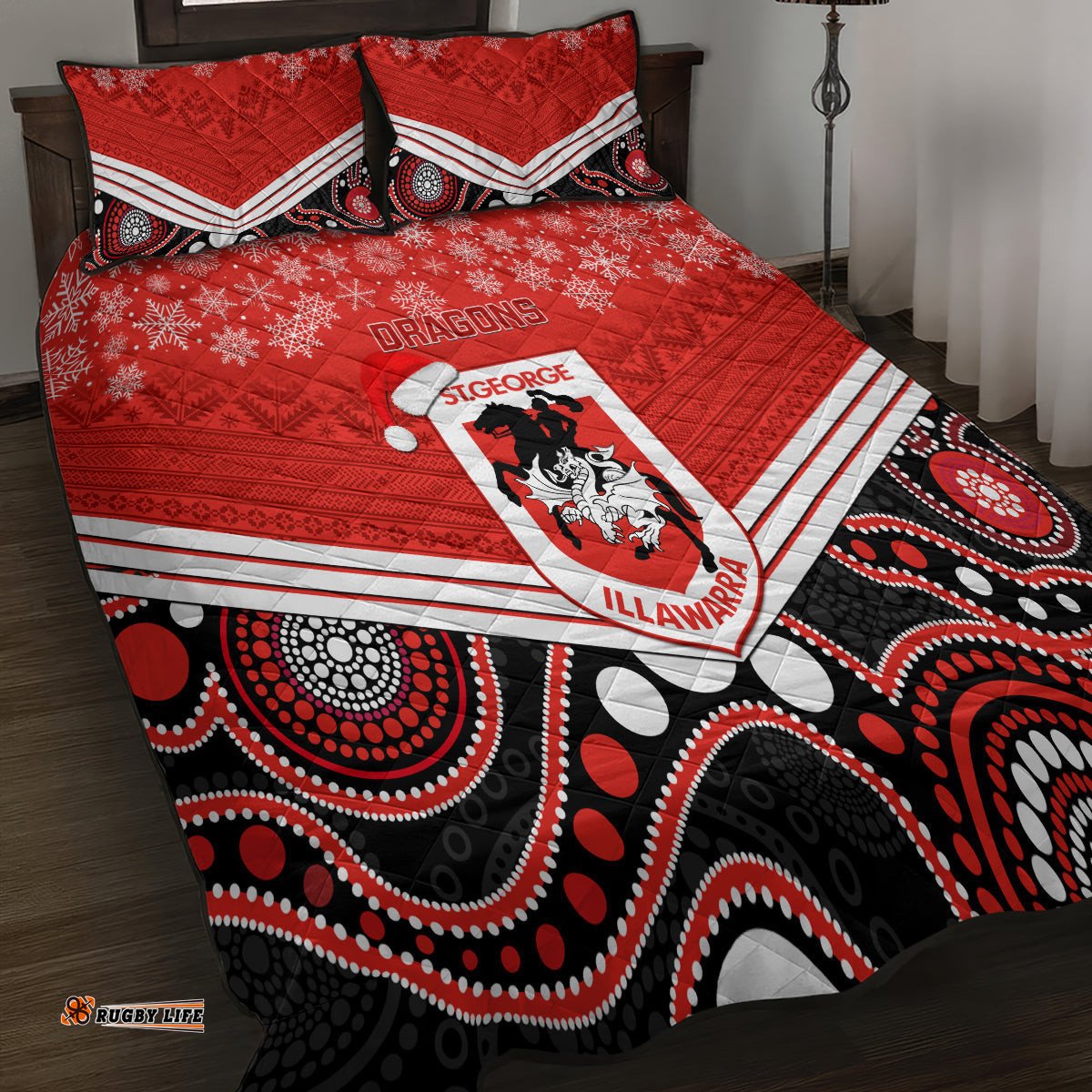 Custom Dragons Rugby Christmas Quilt Bed Set Merry Xmas Mix Aboriginal Art
