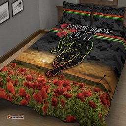 Custom Personalised Penrith Panthers ANZAC Quilt Bed Set Poppy Flowers Vibes Black