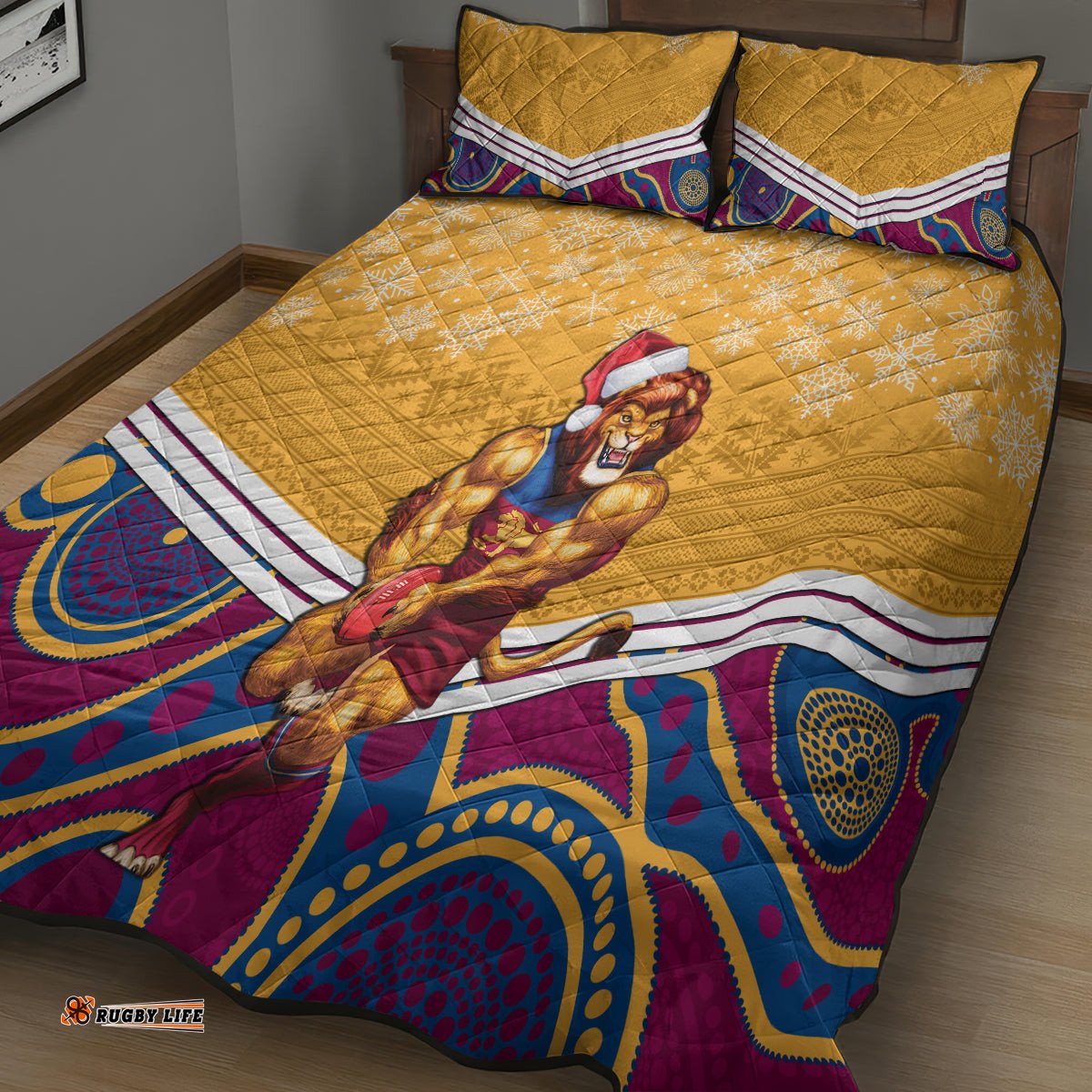 Custom Brisbane Lions Football Christmas Quilt Bed Set Merry Xmas Mix Aboriginal Art