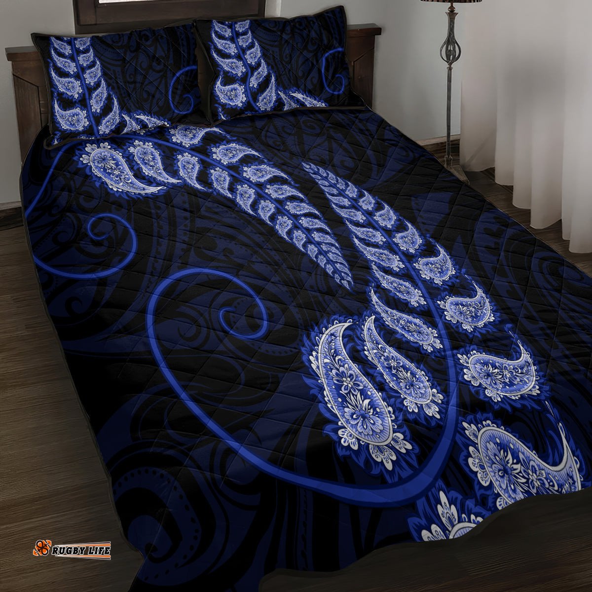 Blue New Zealand Paisley Silver Fern Quilt Bed Set Aotearoa Maori