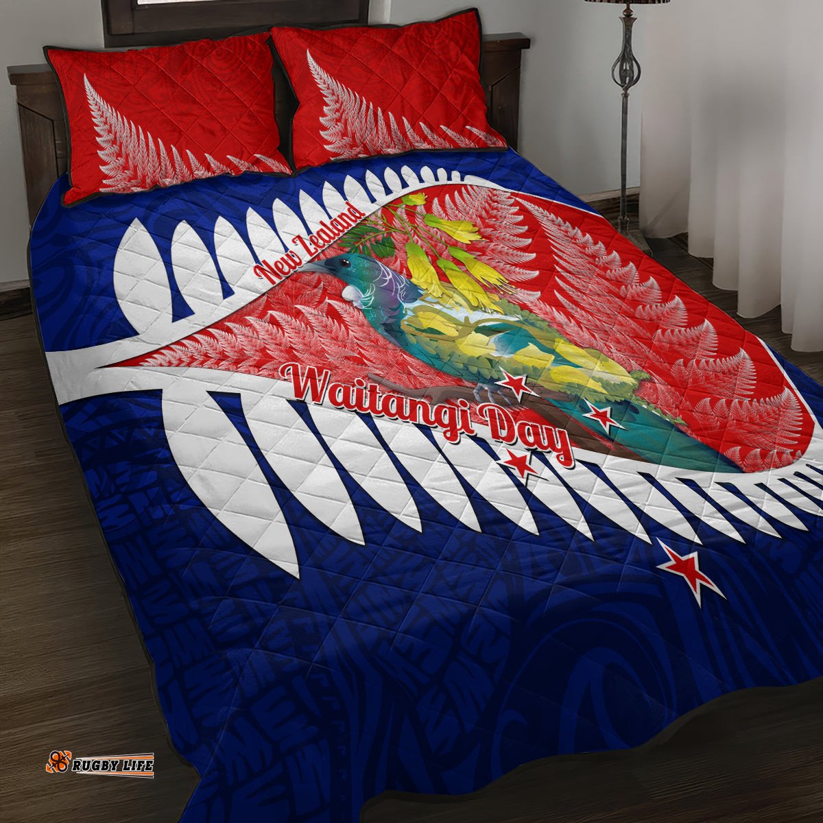 New Zealand Waitangi Day Quilt Bed Set NZ Maori Tui Bird With Kowhai Flowers