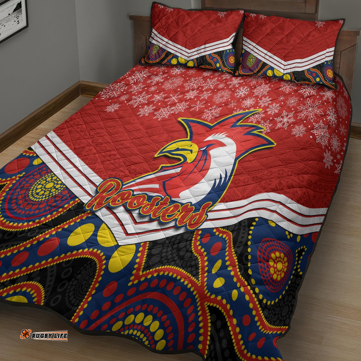 Roosters Rugby Christmas Quilt Bed Set Merry Xmas Mix Aboriginal Art