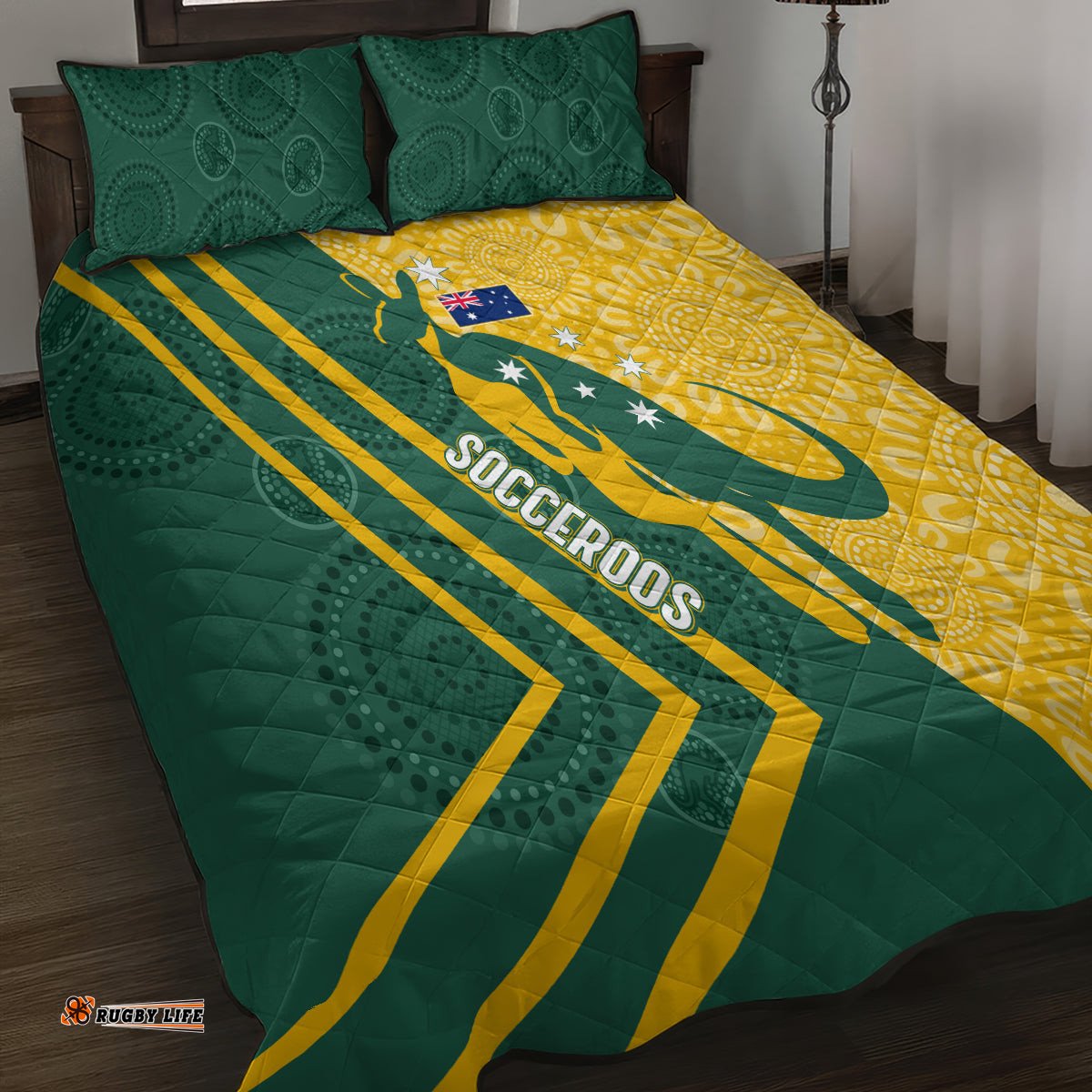 Australia Socceroos Indigenous Quilt Bed Set Green & Gold