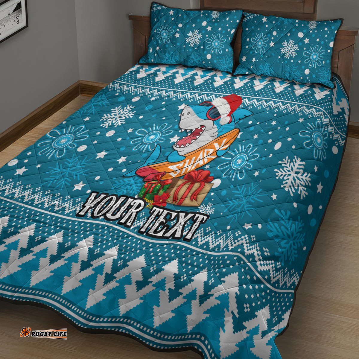 Custom Sharks Rugby Quilt Bed Set Chirstmas Vibe