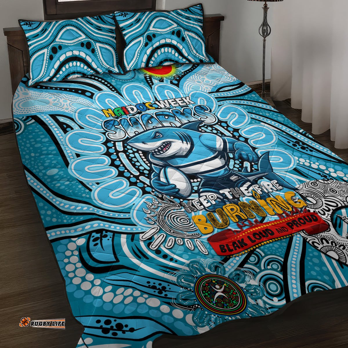 NAIDOC Week 2024 Sharks Quilt Bed Set Mascot Rugby