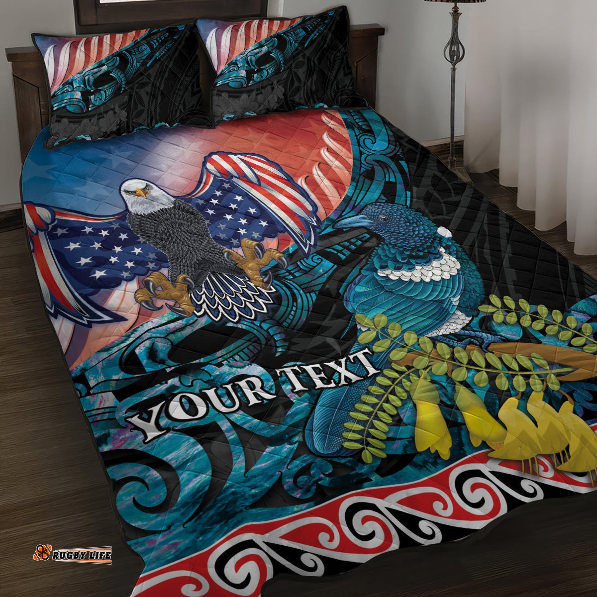Personalised United States And New Zealand Quilt Bed Set USA Eagle With Kowhai Aotearoa Tui Bird