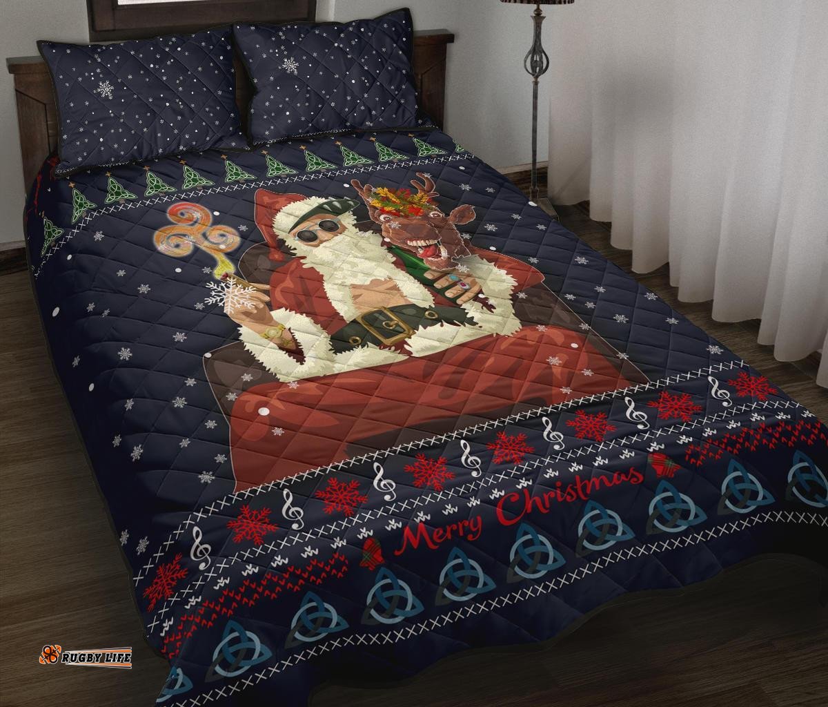 Celtic Ugly Christmas Quilt Bed Set Gangster Santa with Reindeer