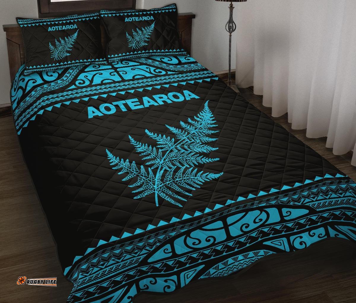 Aotearoa New Zealand Maori Quilt Bed Set Silver Fern Blue