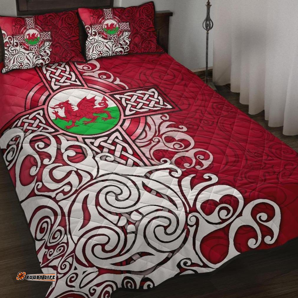 Wales Celtic Quilt Bed Set Welsh Dragon Flag with Celtic Cross
