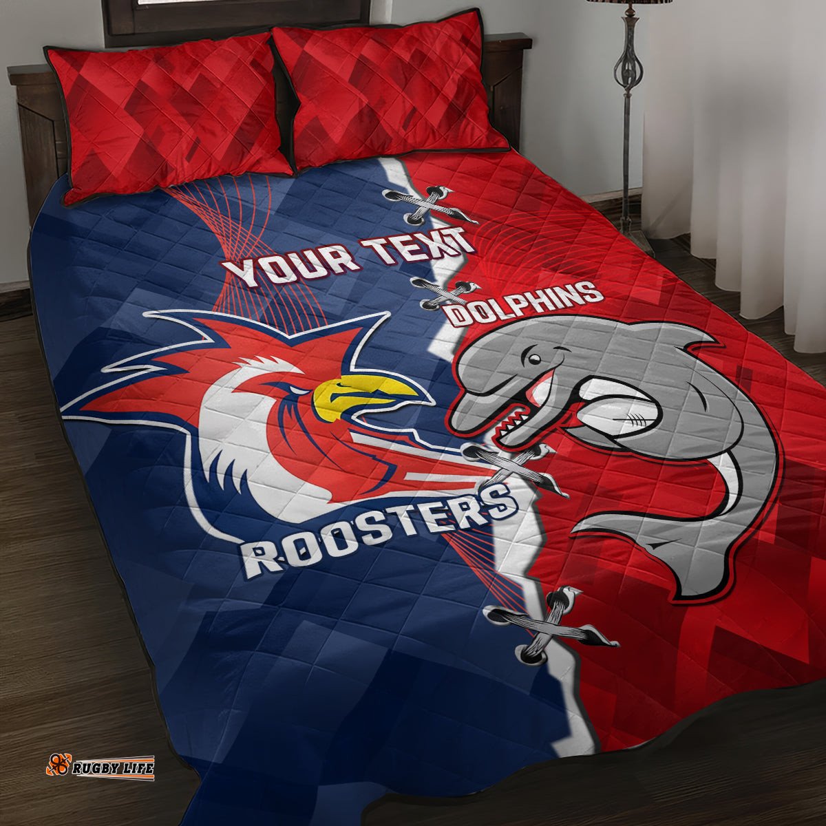 Personalised Dolphins And Roosters Rugby Quilt Bed Set NRL Sporty Style