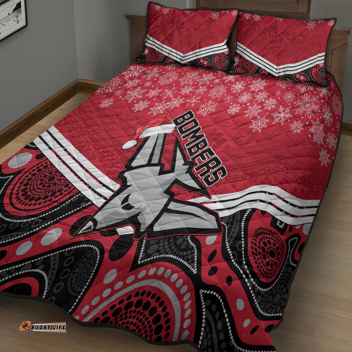 Essendon Football Christmas Quilt Bed Set Merry Xmas Mix Aboriginal Art 07