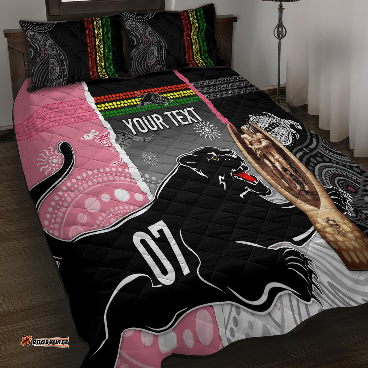 Personalised Panther Rugby NRL Premiers Quilt Bed Set Panther Pride Black & Pink Aboriginal Mix Art