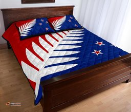 New Zealand Flag Silver Fern Red, White And Blue Quilt Bed Set