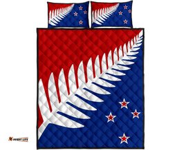 New Zealand Flag Silver Fern Red, White And Blue Quilt Bed Set