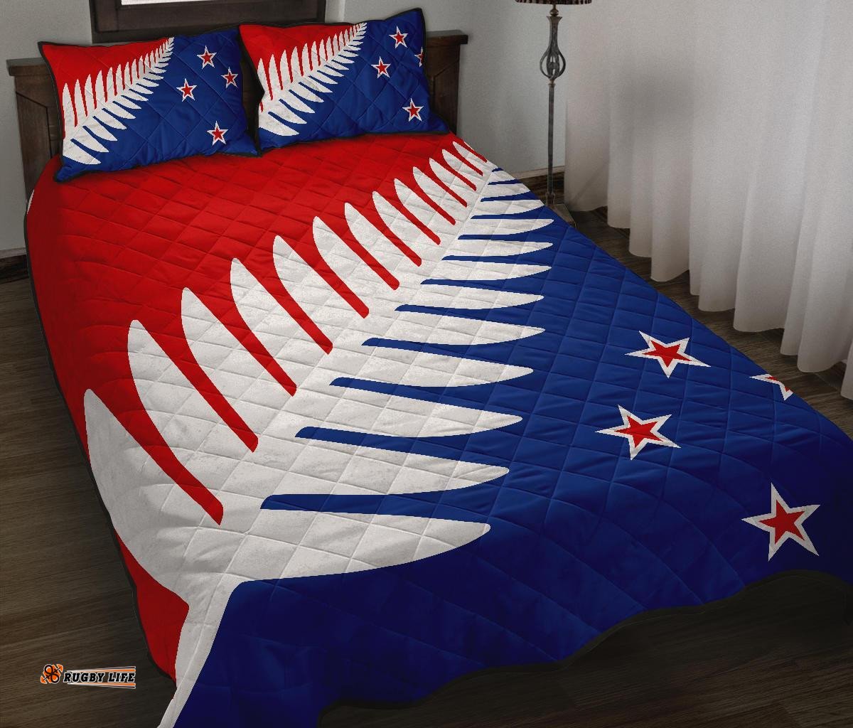 New Zealand Flag Silver Fern Red, White And Blue Quilt Bed Set