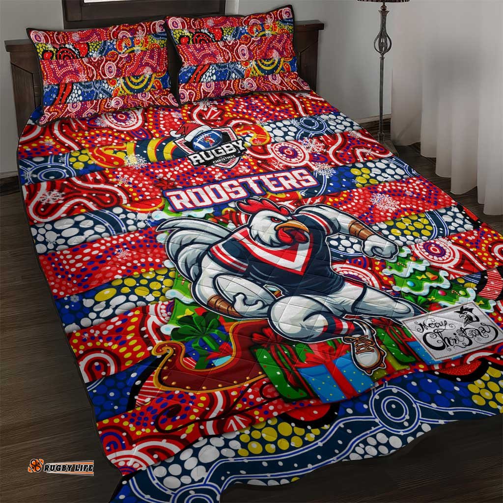 Roosters Rugby Merry Christmas Quilt Bed Set Indigenous Australian Art