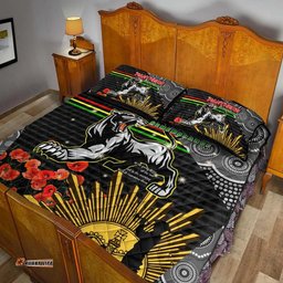 Panthers Rugby ANZAC Aboriginal Quilt Bed Set Penrith Panthers with Poppy Flower Art Quilt Bed Set