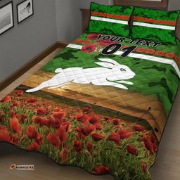 Custom Personalised South Sydney Rabbitohs ANZAC Quilt Bed Set Poppy Flowers Vibes Green
