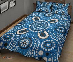 Aboriginal Quilt Bed Set, Indigenous Circle Dot Painting Blue Color