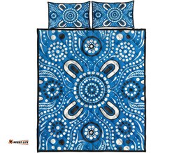 Aboriginal Quilt Bed Set, Indigenous Circle Dot Painting Blue Color