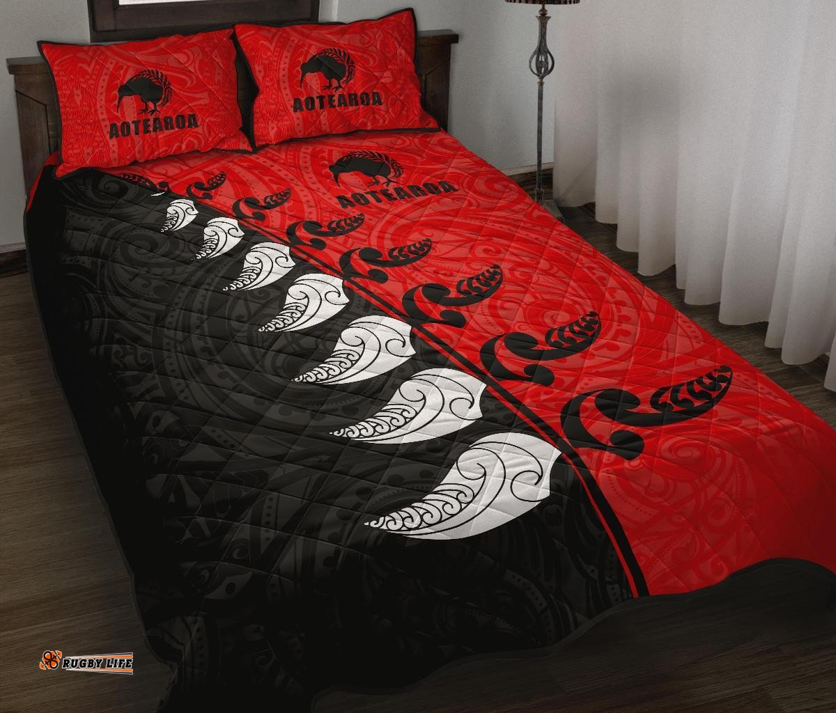 Quilt Bed Set New Zealand Aotearoa Silver Fern Koru Style Red