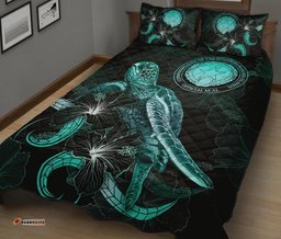 CNMI Polynesian Quilt Bed Set Turtle With Blooming Hibiscus Turquoise
