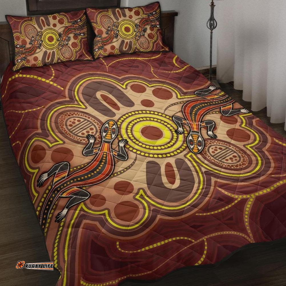 Aboriginal Quilt Bed Set, Indigenous Lizard Dot Painting Art