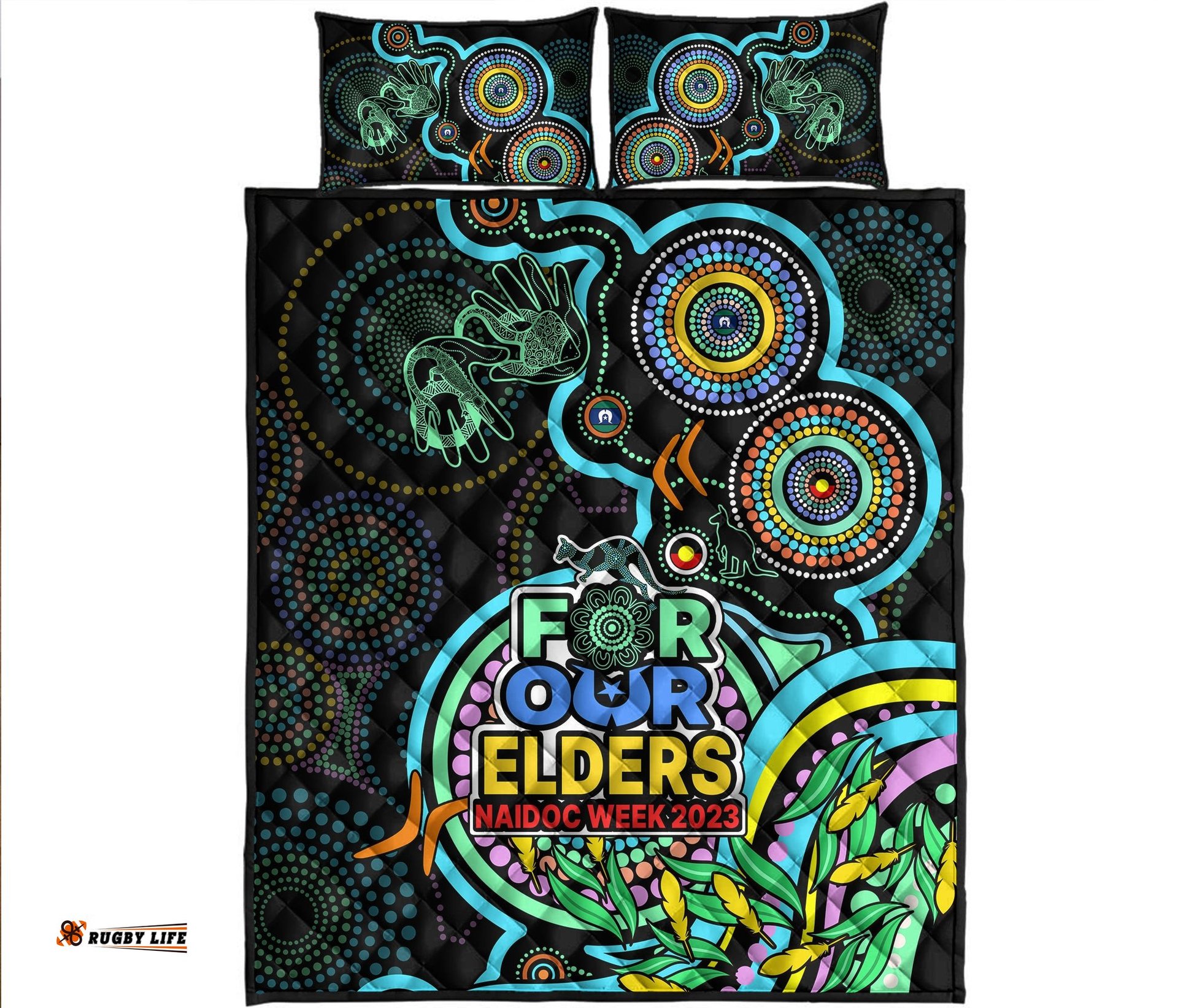 NAIDOC Week Quilt Bed Set Indigenous Tribal Ver.02 Aqua
