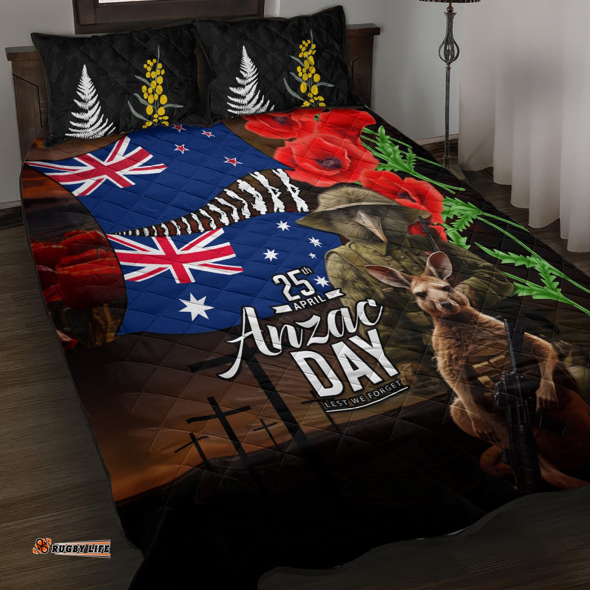 New Zealand and Australia ANZAC Day Quilt Bed Set National Flag mix Kiwi Bird and Kangaroo Soldier Style