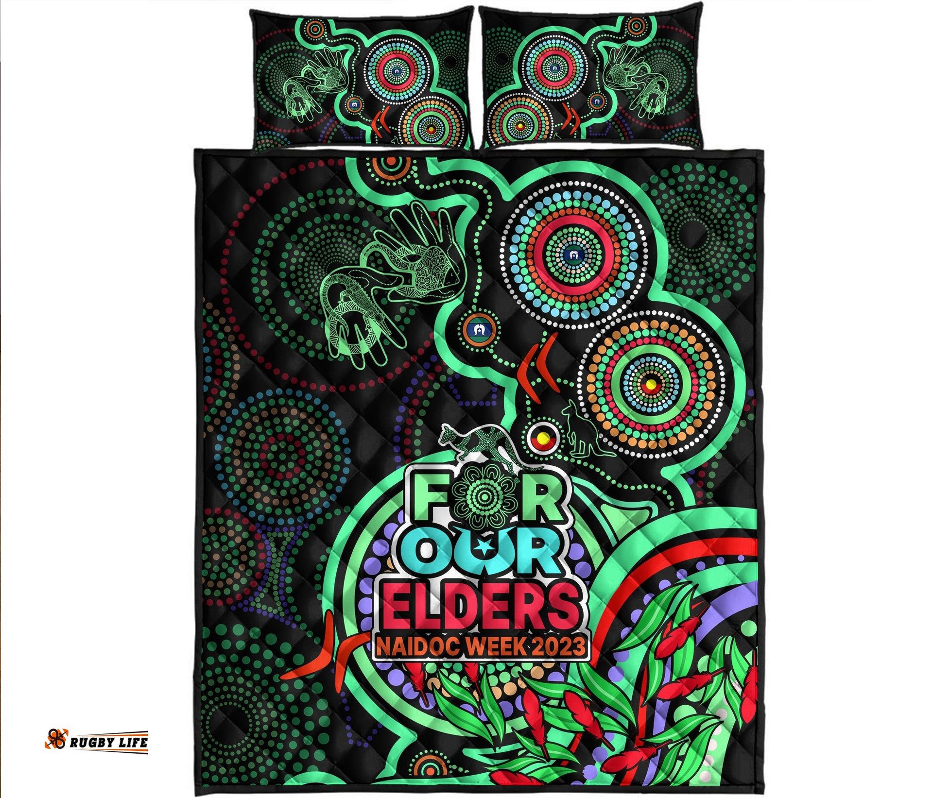 NAIDOC Week Quilt Bed Set Indigenous Tribal Ver.02 Green