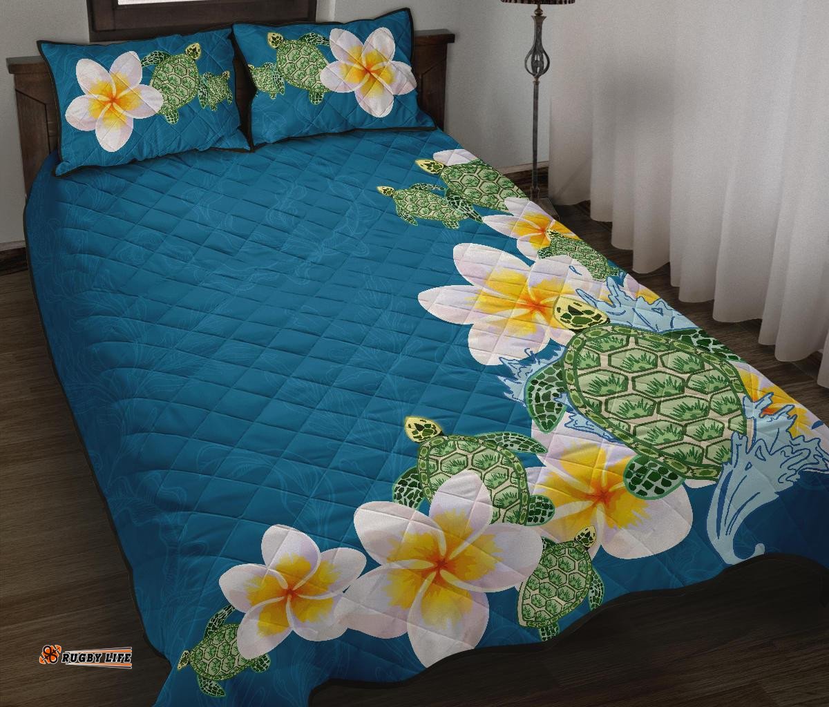Plumeria Sea Turtle Quilt Bed Set