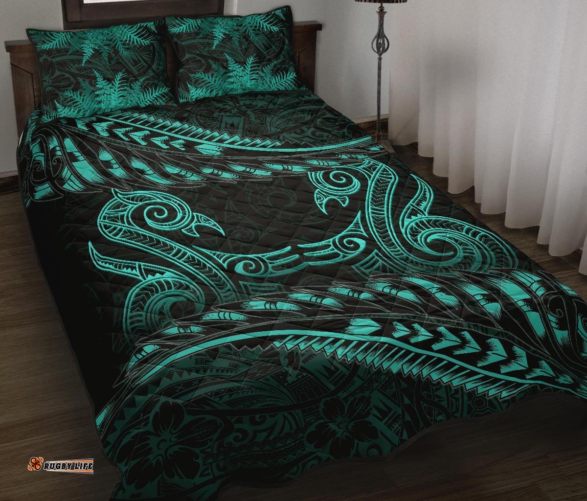 Aotearoa Quilt Bed Set Turquoise Maori Manaia With Silver Fern 04