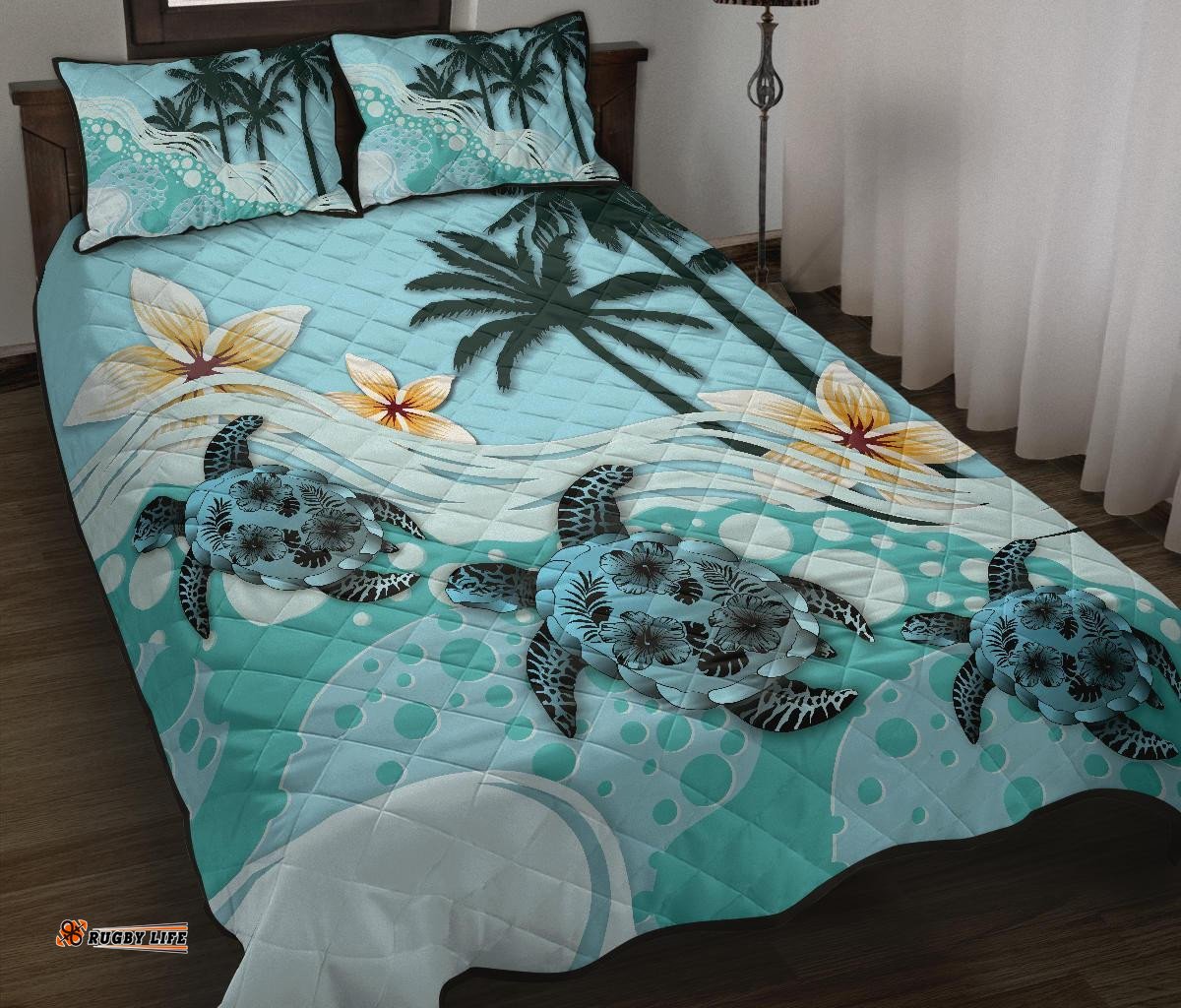 New Zealand Quilt Bed Set Blue Turtle Hibiscus
