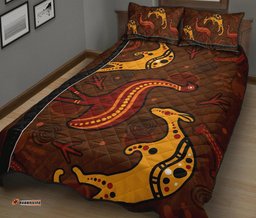 Aboriginal Quilt Bed Set Indigenous Kangaroo and Emu Brown Color