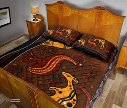 Aboriginal Quilt Bed Set Indigenous Kangaroo and Emu Brown Color