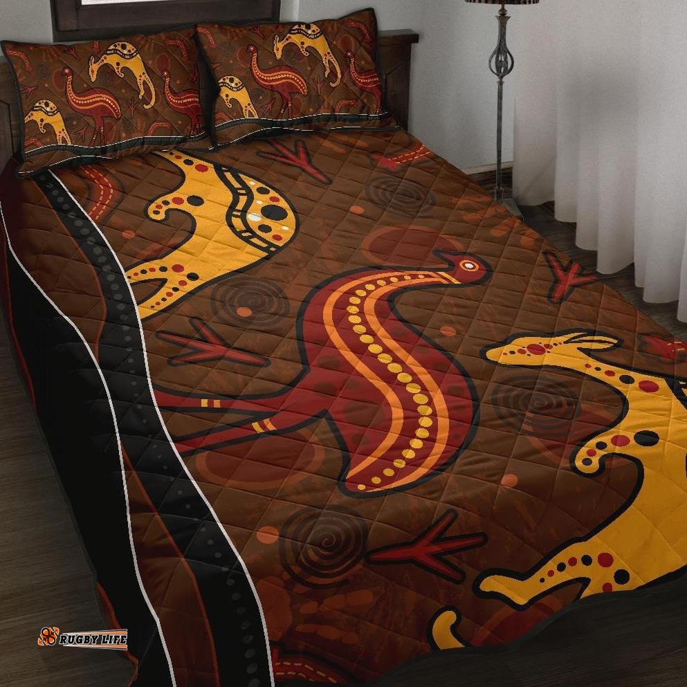 Aboriginal Quilt Bed Set Indigenous Kangaroo and Emu Brown Color