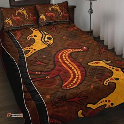 Aboriginal Quilt Bed Set Indigenous Kangaroo and Emu Brown Color