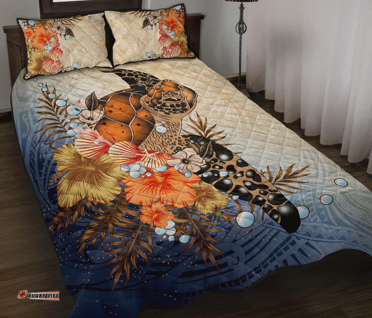 Polynesian Turtle Hibiscus Sea Shell Quilt Bed Set