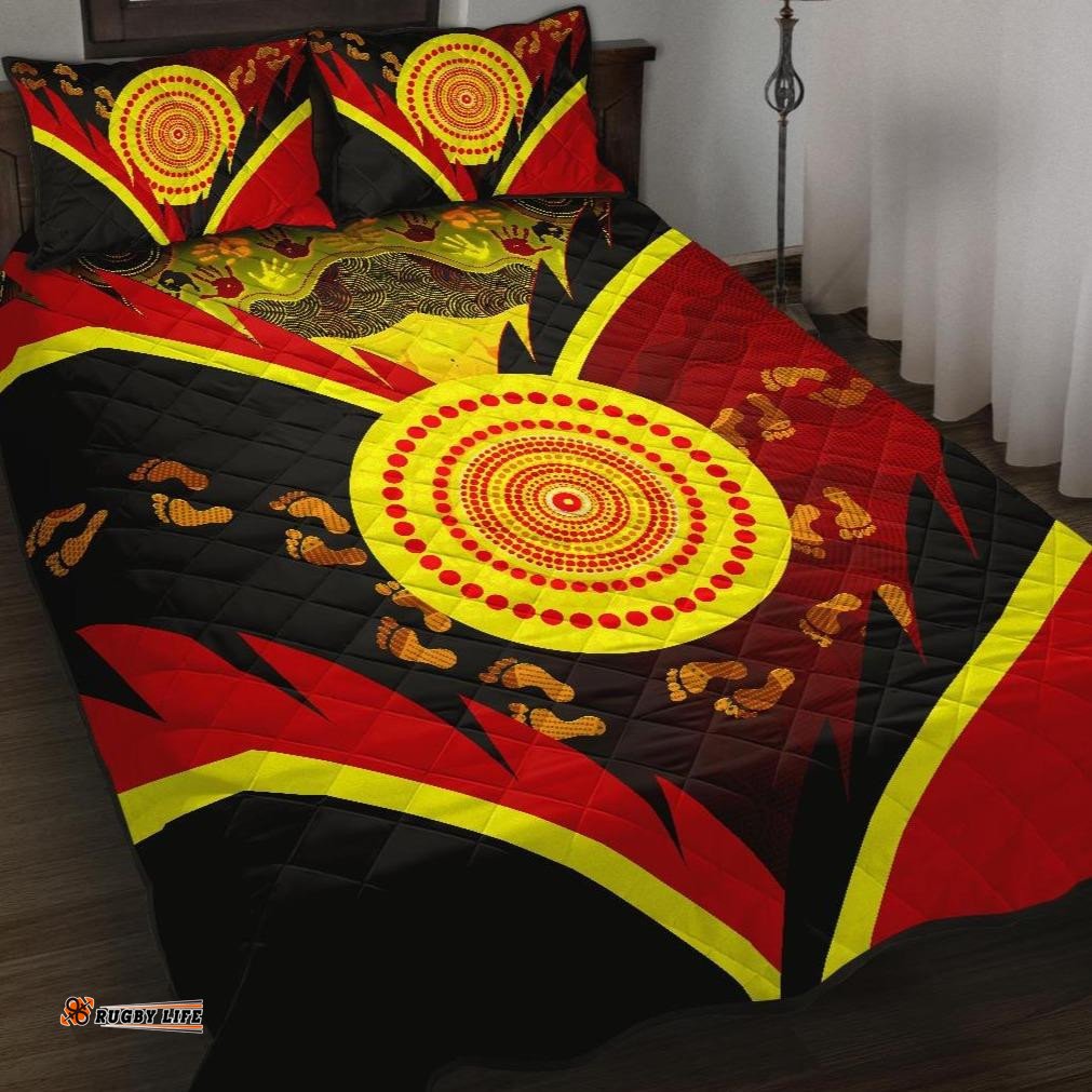 Aboriginal Quilt Bed Set Indigenous Flag With Footprint Hand Art