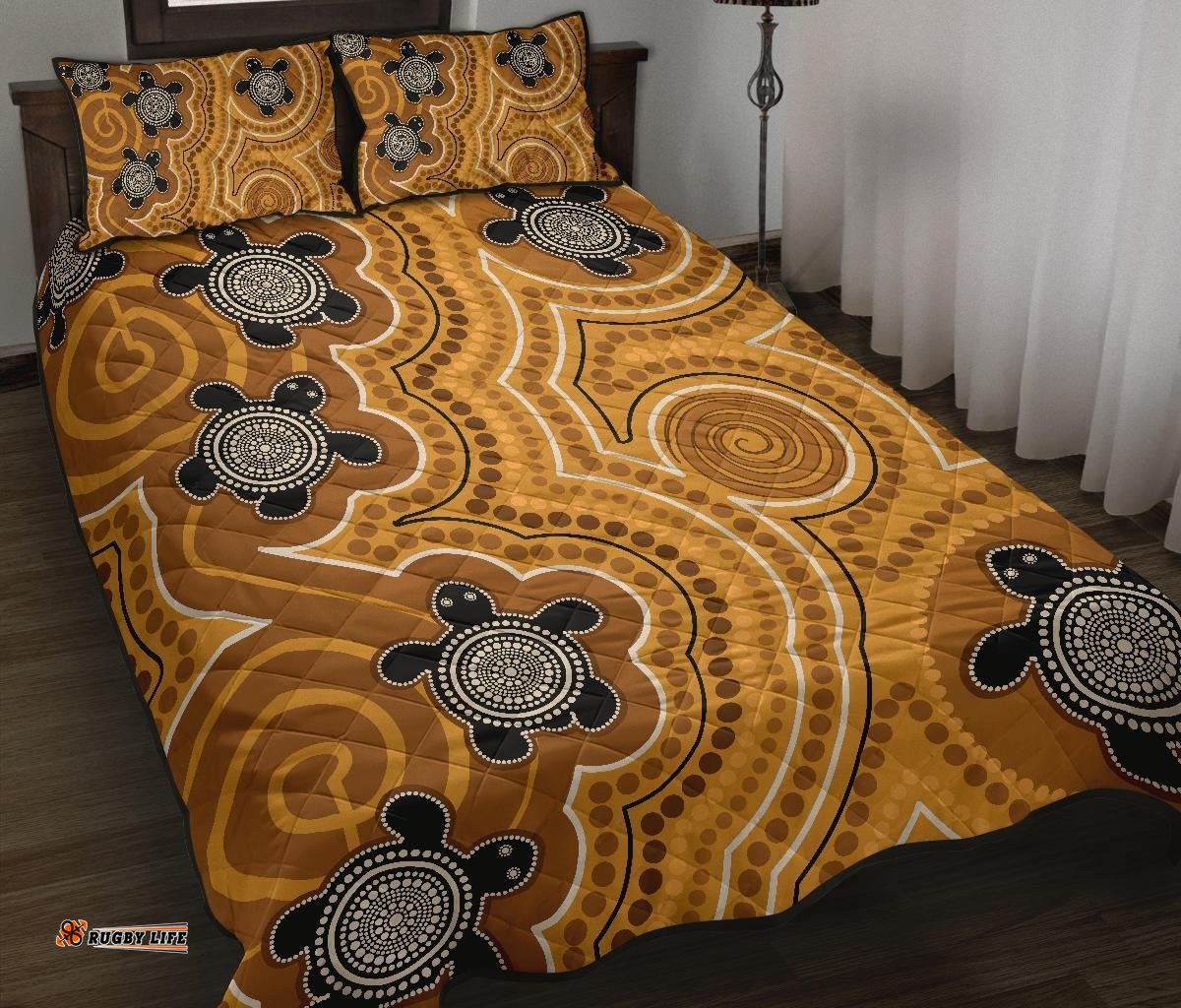 Aboriginal Quilt Bed Set Indigenous Turtle Gold Version